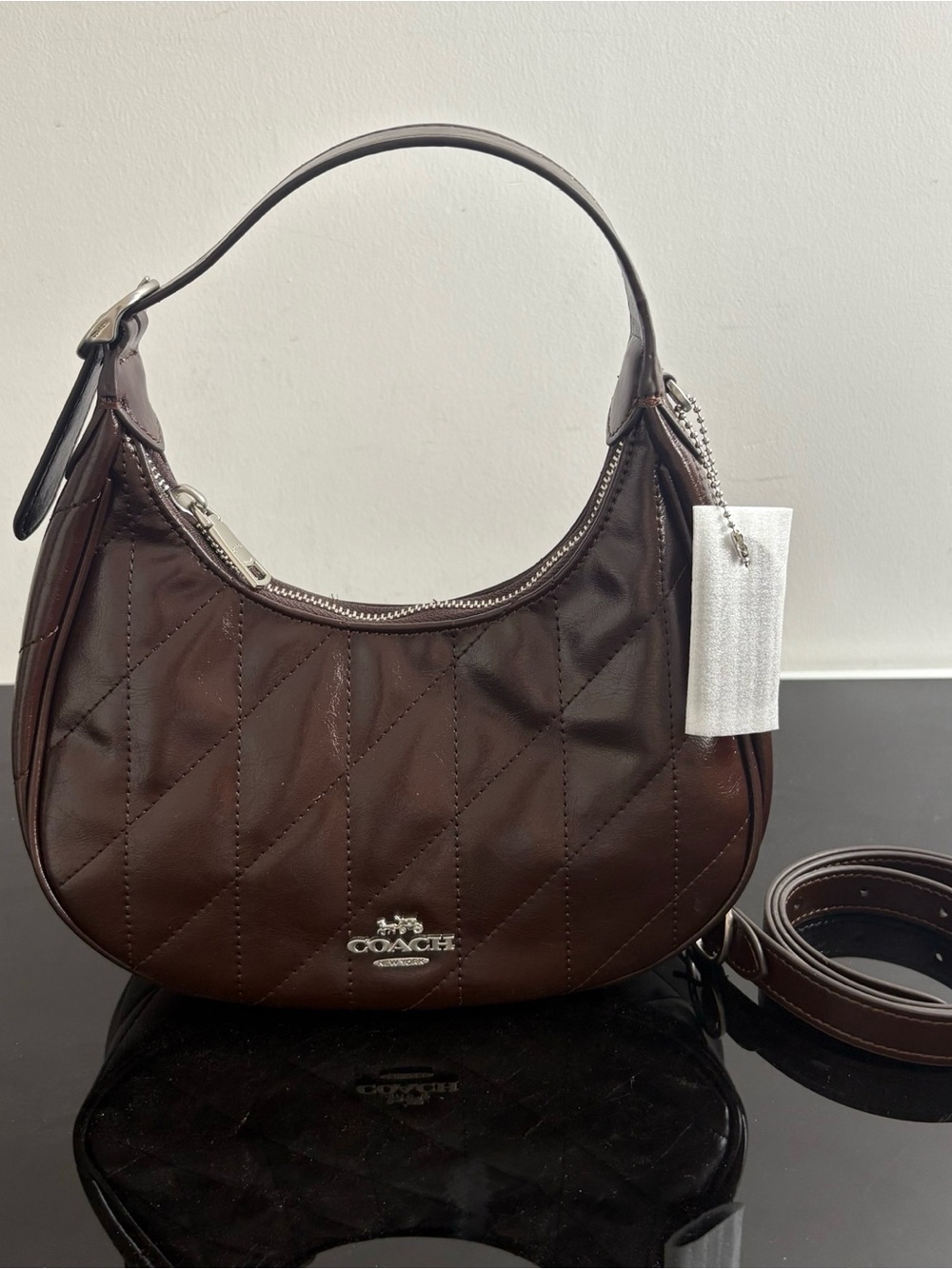 Coach Quilted Chocolate Brown Shoulder Bag with Silver Hardware